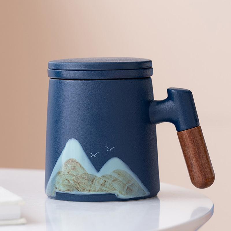 Guochao Holzgriff Yuanshan Keramiktasse mit Deckel Qianli Weißporzellan Jiangshan Büro Tee- und Wasserseparation Geschäftsgeschenk