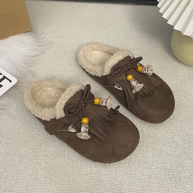 

2025 autumn and winter new retro Mori plush cotton shoes bag head half drag Muller shoes fringed warm fluffy shoes women 35