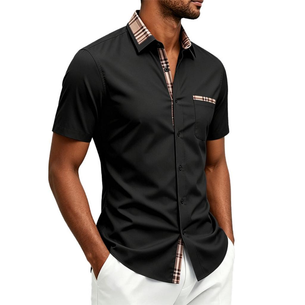 Men's Color Block Short Sleeve Button Down Shirt, Stretch Breathable Wrinkle-Free Fabric, Casual Summer Shirt for and Daily Wear, Fit