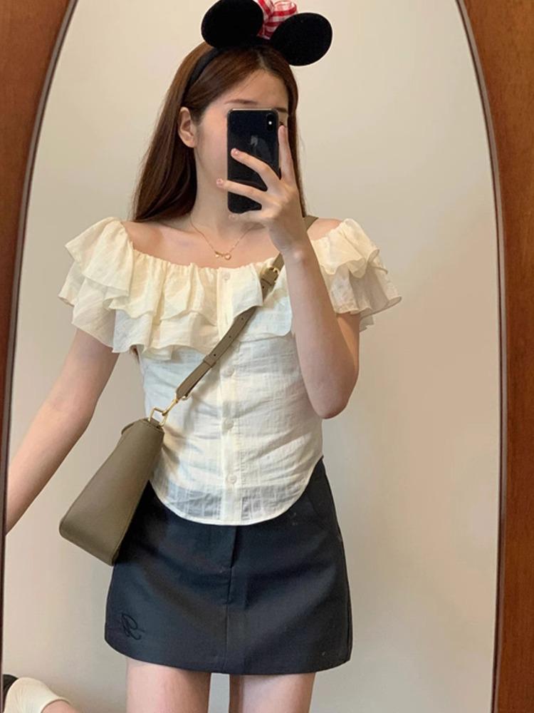 One-Shoulder Ruffle Blouse for Women: French Style, Elegant Off-Shoulder Crop Top Small