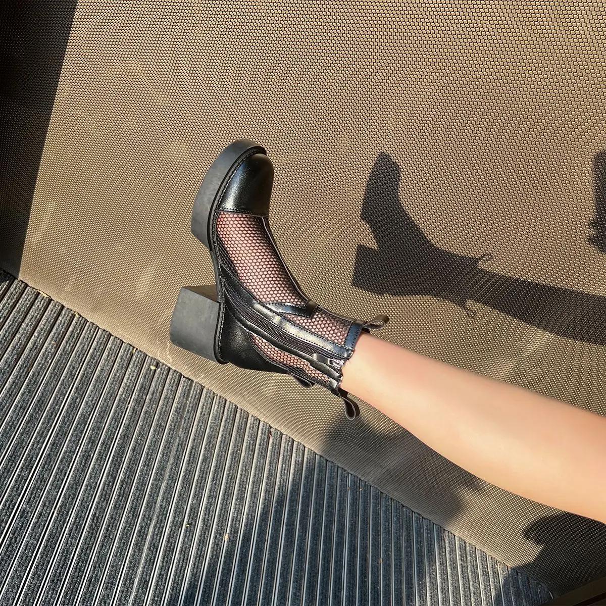 

Летние белые женские сапоги с толстым каблуком и сетчатой подошвой, с небольшими короткими ботинками, дышащие, тонкий стиль 39 чёрный