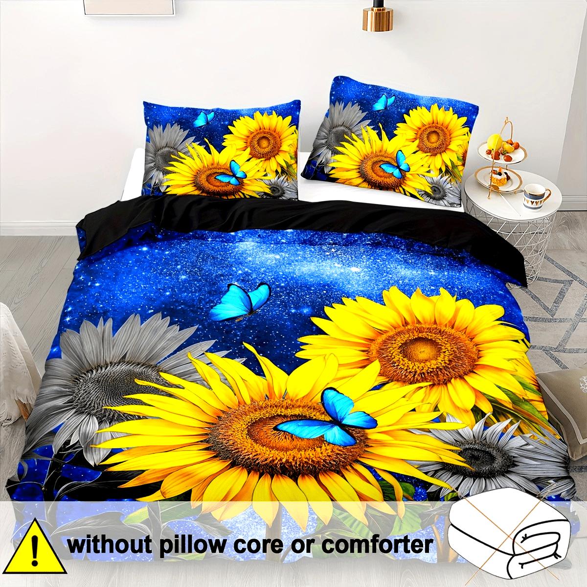 

All-Season Breathable Polyester Sunflower and Butterfly Duvet Cover Set with Zipper Closure, Digital Print Floral Sky Pattern (135x200cm)