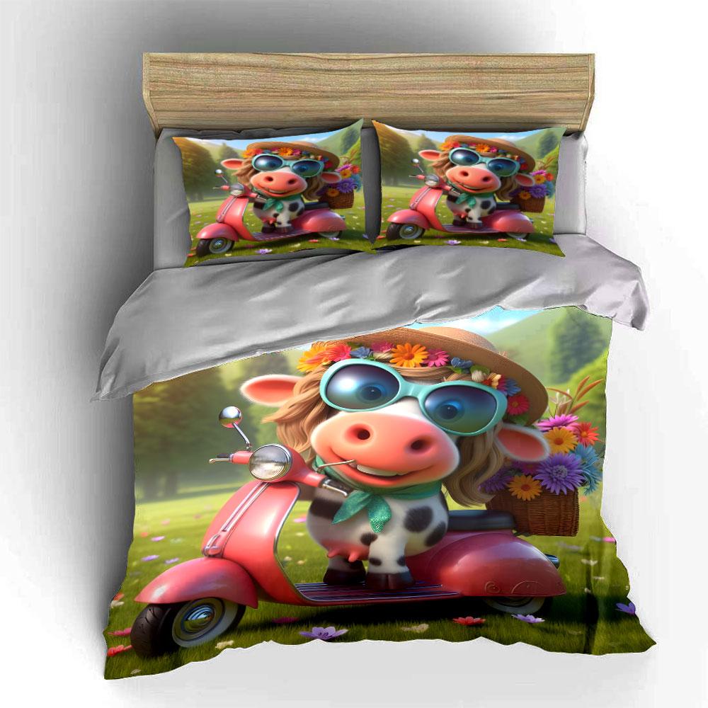 Cow Riding Pink Scooter. Print Bedding Set 1 Duvet Cover 2 Pillowcases For Adult And Children Luxury Gift Full Size