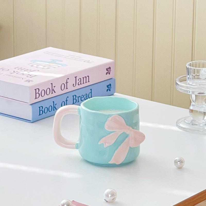Pearlescent Glaze Bow Mug Nordic High Appearance Level Electroplated Ceramic  High End Feel  A Birthday Gift for A Girl's Best Friend