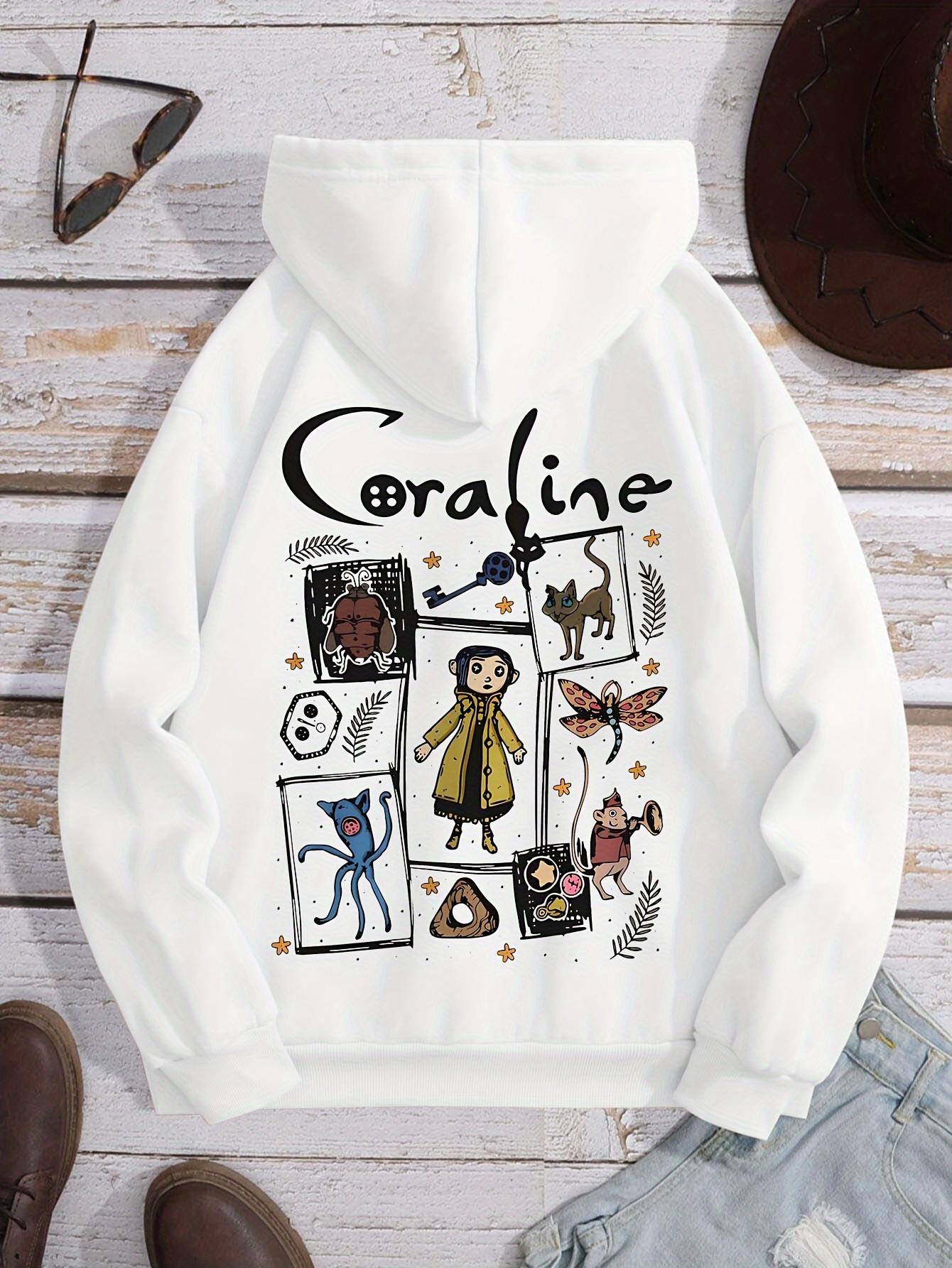 

Cozy Coraline Graphic Hoodie for Women - Casual Drawstring Pullover with Kangaroo Pocket Perfect for Fall & Winter Unisex S
