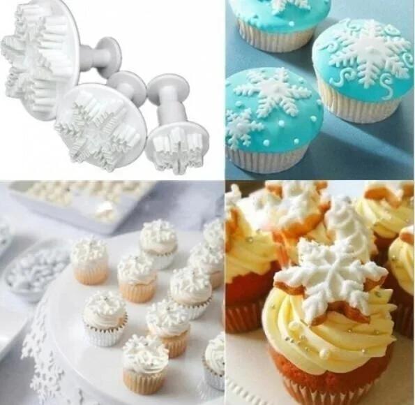 New 3Pcs Handmade Molds Snowflake Cake Decor Fondant Plunger Cutters Mold Mould Cookies Tools Silicone Molds Accessories