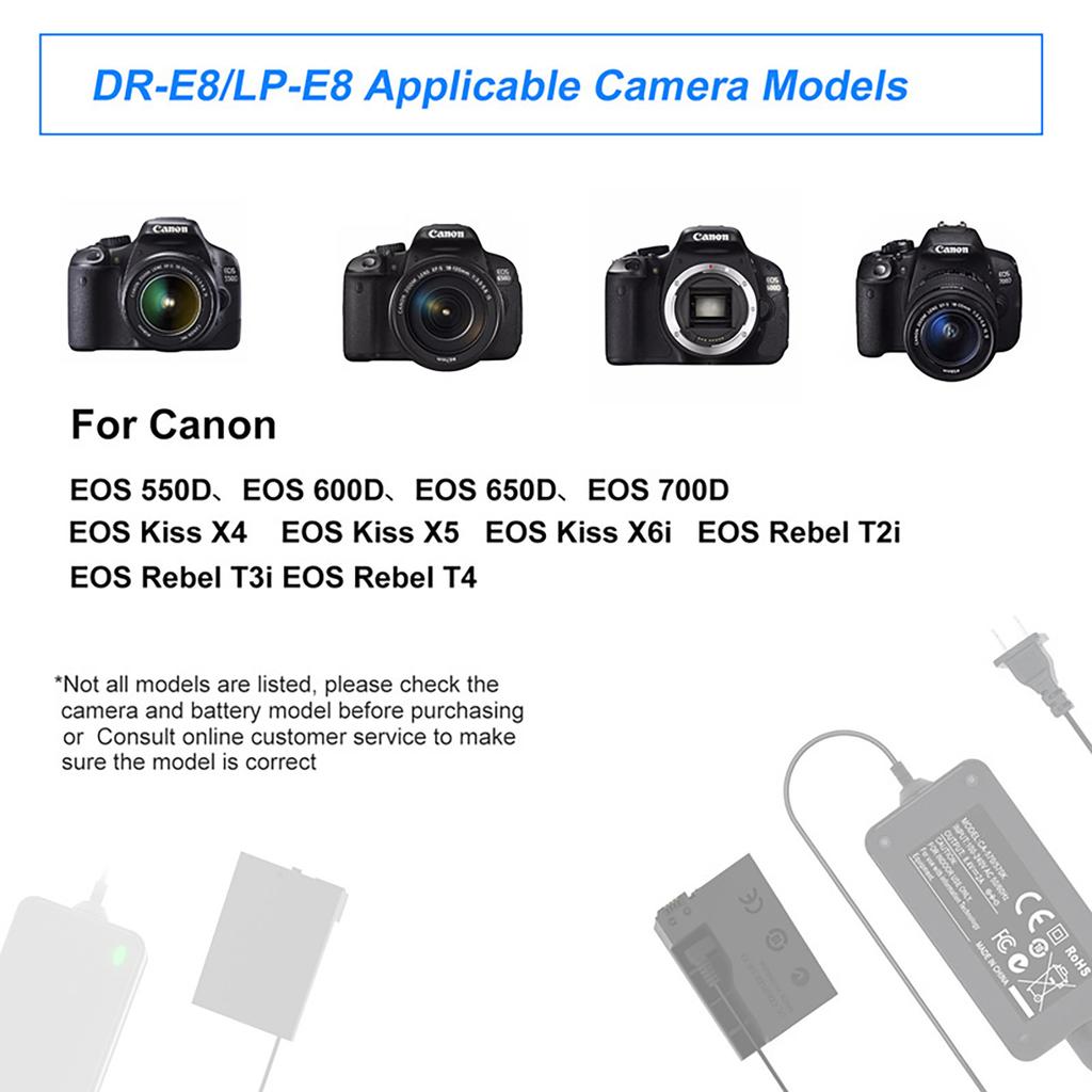 ACK-E8 AC Power Adapter LP-E8 Dummy Battery DR-E8 DC Coupler Kit for Canon T2i, T3i, T4i, T5i, 700D, 650D, 600D, 550D