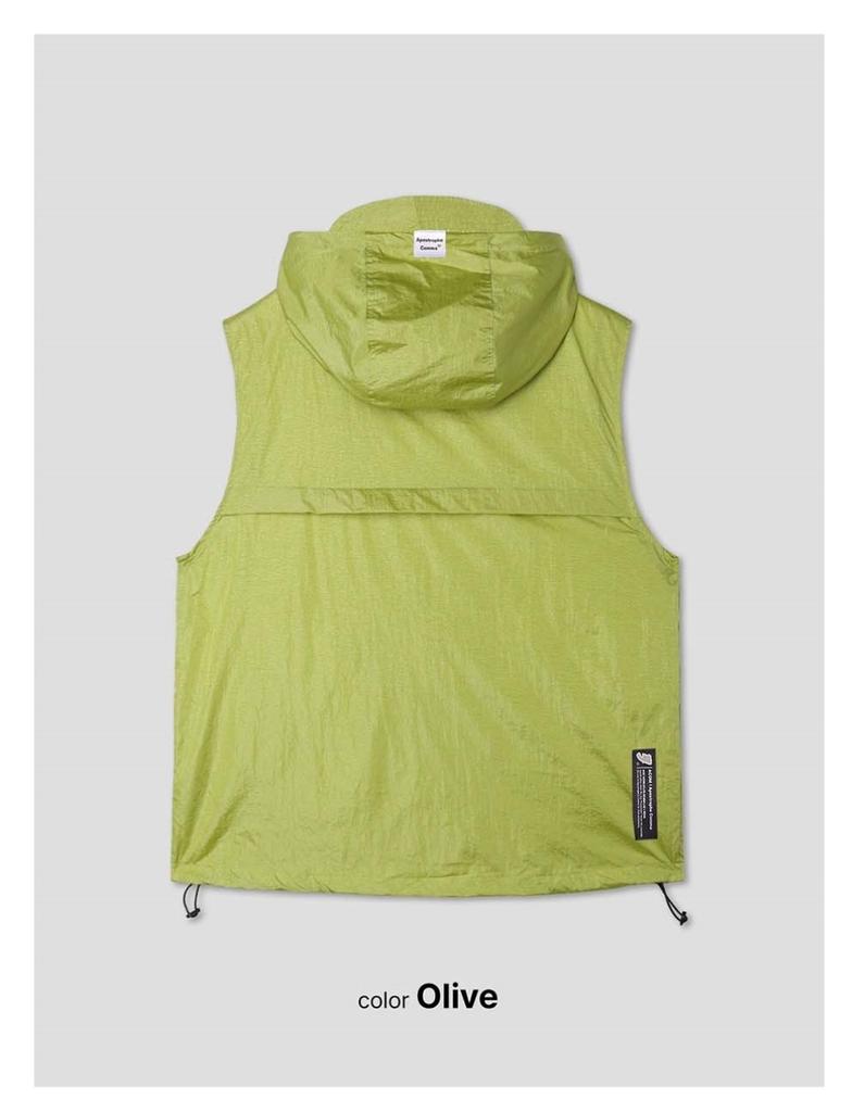 Apostrophe Comma Glossy Windbreaker Utility Hooded Zip-Up Vest_Beige