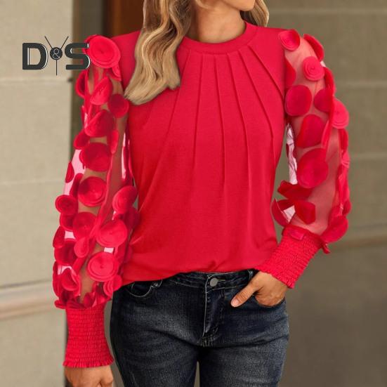 Damen-Oberteile, Rundhalsausschnitt, Mesh, hohl, Puffärmel, Pullover, Oberteile, einfarbig, vielseitige Styling-Bluse