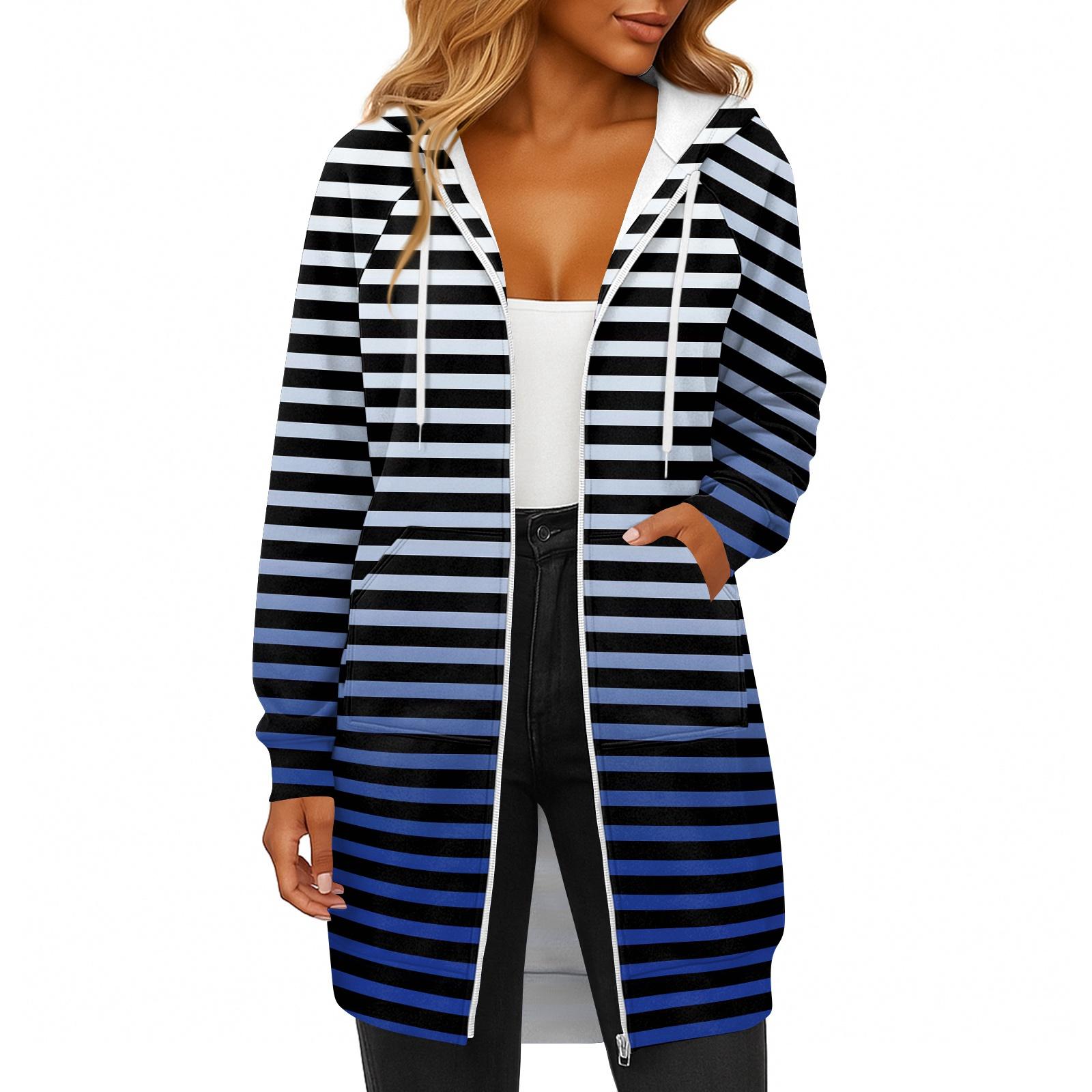 

Женская модная полосатая с принтом толстовка с длинным рукавом, капюшоном на шнурке, карманом на молнии, длинная повседневная куртка-свитшот XL