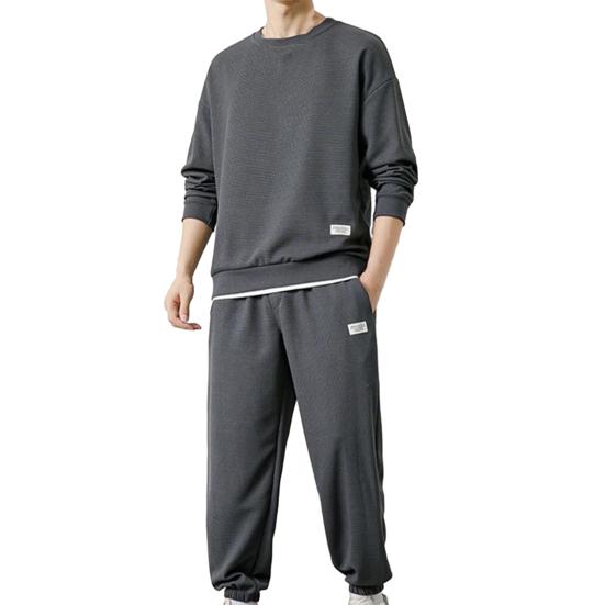2Pcs/Set Men Casual Sport Suit Waffle Texture O-neck Long Sleeve Sweatshirt Elastic Waist Pockets Jogger Pants Set Loose Fit Sweatshirt Suit