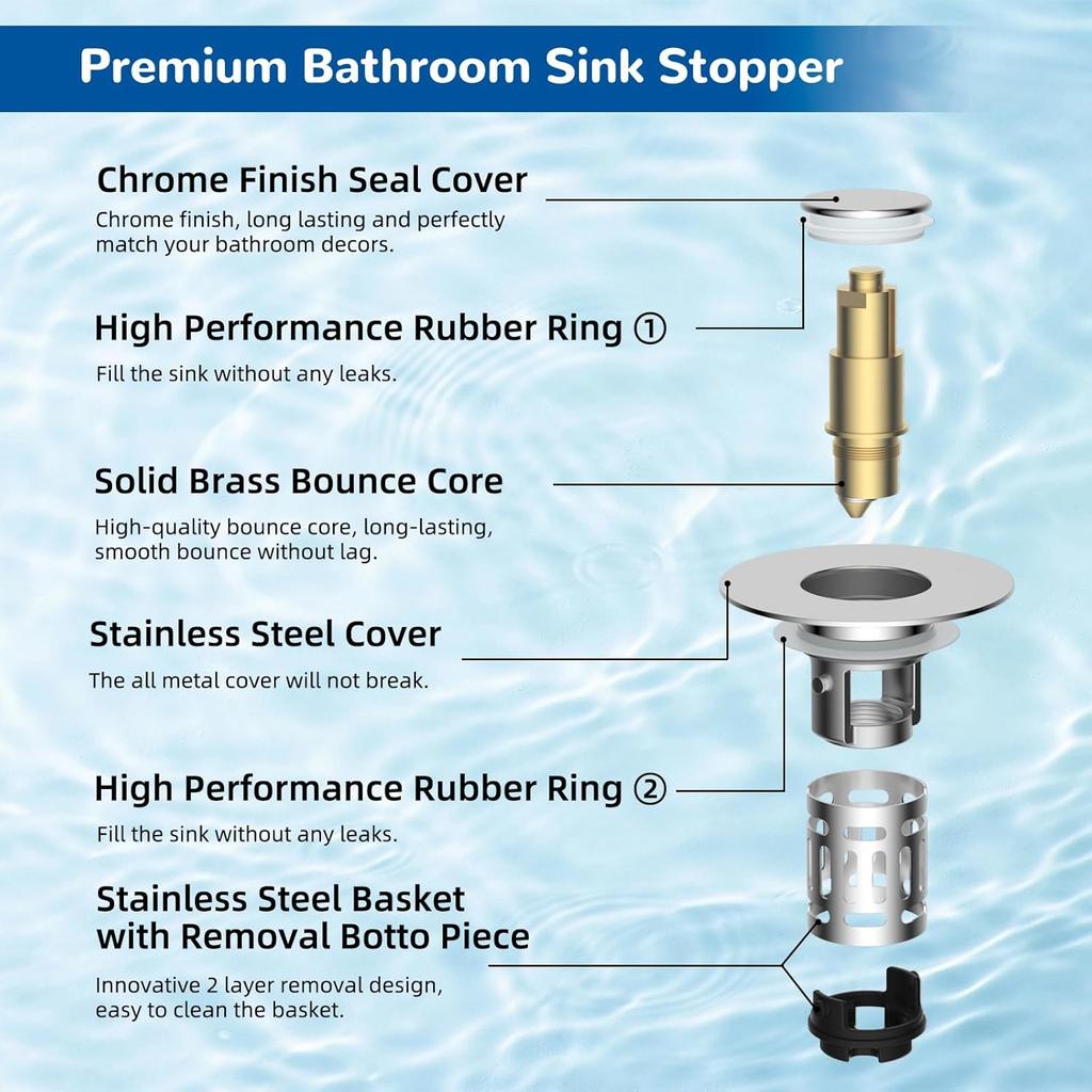 Upgraded 3 in 1 Bathroom Sink Drain Strainer, Universal Pop Up Stopper with Stainless Steel Hair Catcher Filter, Brass Core Chrome for 1.1''-2.36'' Ba