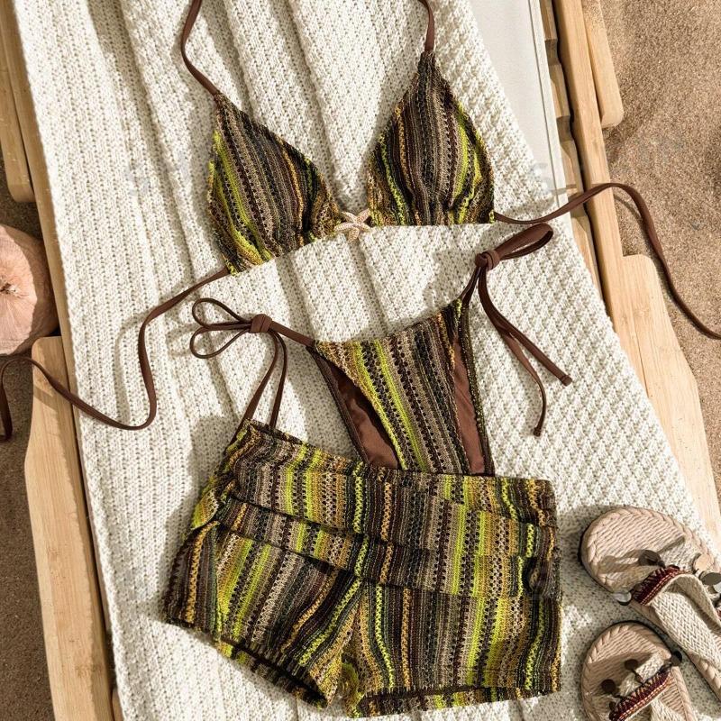 Nuovo Bikini Costume da Bagno Stile Europeo e Americano Donna Costume a Pezzi Separati Pantaloncini a Vita Alta Decorazione con Paillettes Stella Marina Vacanza Spiaggia Nuoto