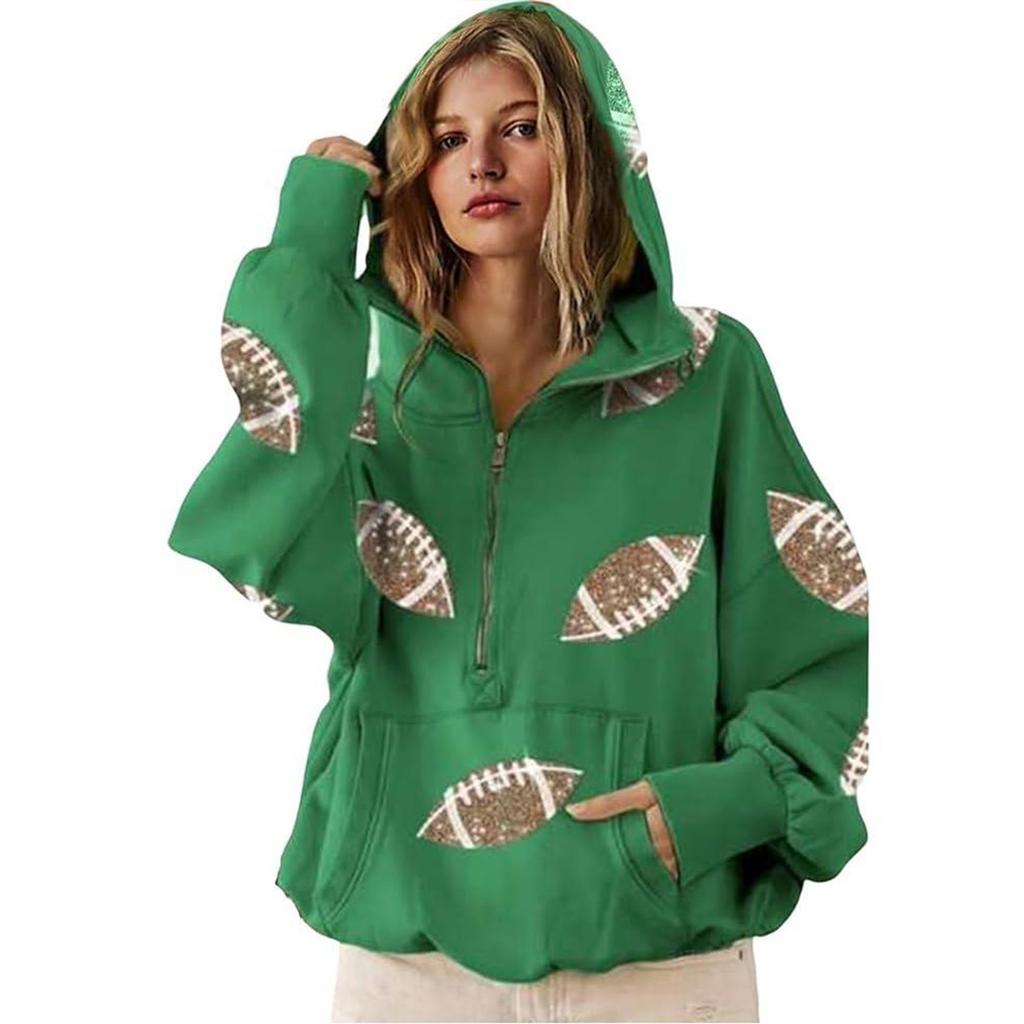 Women's Sports Shirt With Soccer Sequins And Pockets Long Sleeved Half Zip Hooded Top