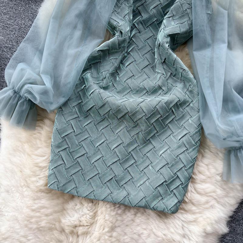 Elegant Sexy High Waist One Piece Dress Women Patchwork Mesh Lantern Long Sleeve Sexy Mini Dress Lady Vacation Slim Chic Party Ceremonial Dress 2024