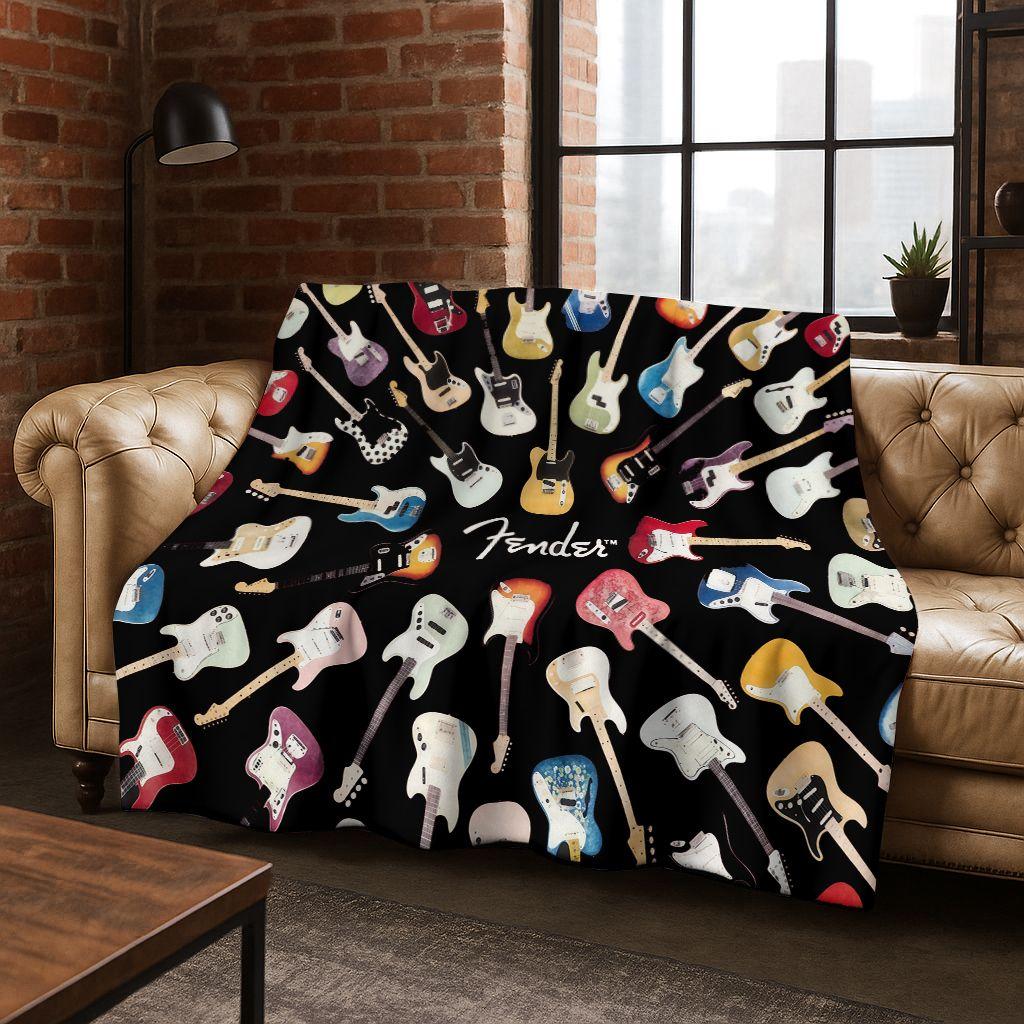 Fashion Fender Logo Guitar Music Instruments Art Flannel Blanket,Cozy Soft Throw Blanket for Home Bedroom Bed Sofa Cover Gift