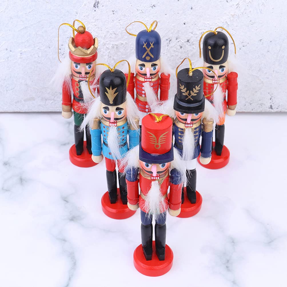 6 Pcs Nutcracker Soldier Christmas Wooden Nutcracker Soldier Tall Christmas Ornaments Figures Puppet Toy Christmas Tree Hanging Decorations Decor Gift