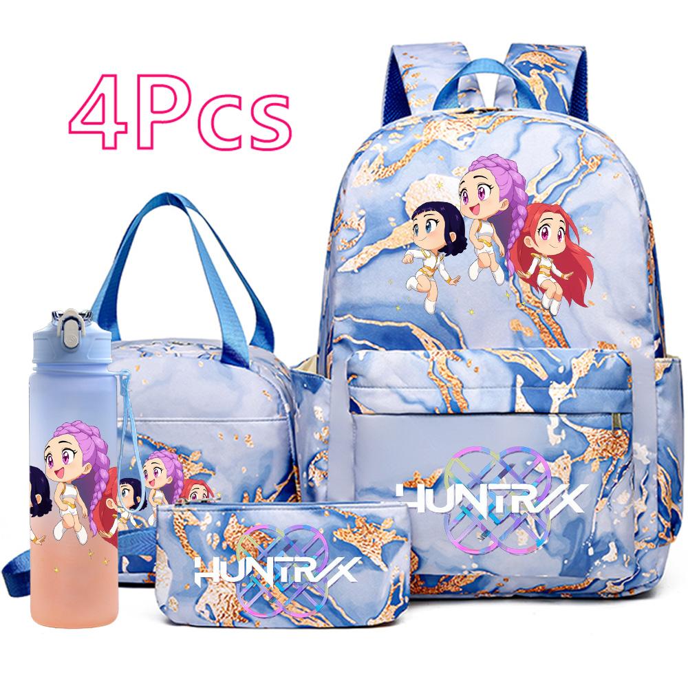 4 st/set K-Pop Tryckt Ryggsäck Handväska Pennfodral med 750 ml Vattenflaska för Tonårspojke Flicka Skolväska Student Stor Kapacitet Bokväska Barn Gåva