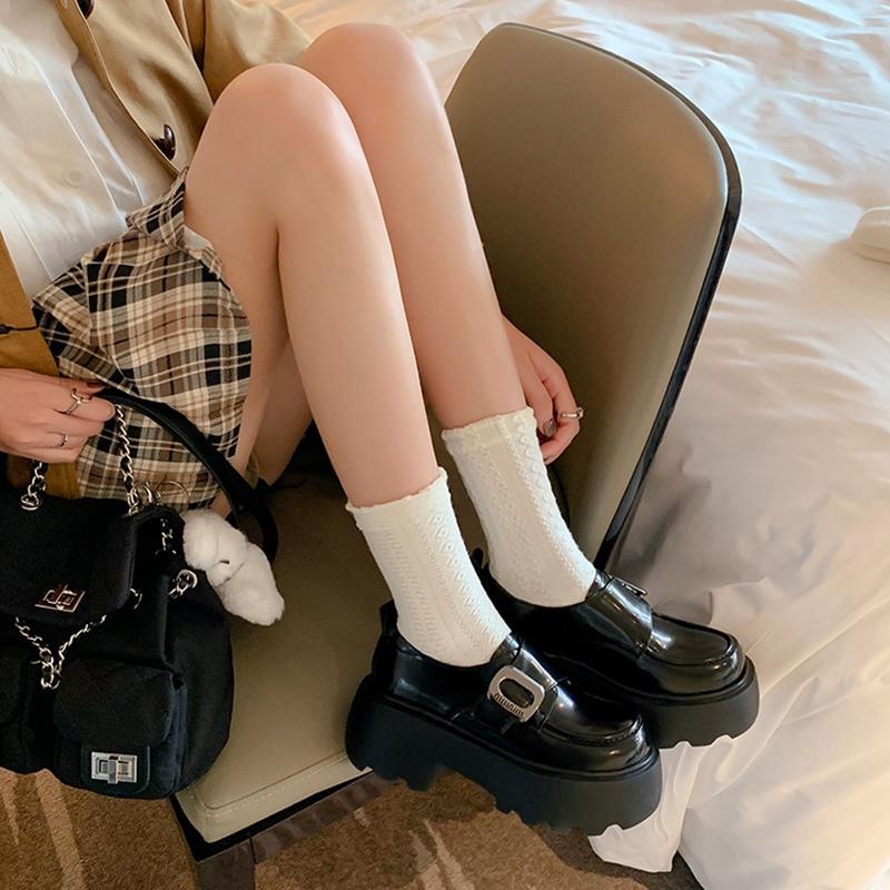 Fashion Women's new leather cowhide thick sole waterproof platform high heels metal belt buckle college style single shoes casual shoes