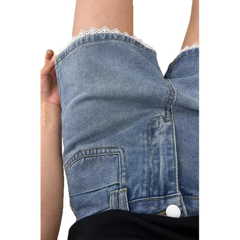 Damen Übergröße Hohe Taille Spitze Besatz Jeansshorts - Schlankmachende A-Linie Weiter Bein Sommer Heißhosen