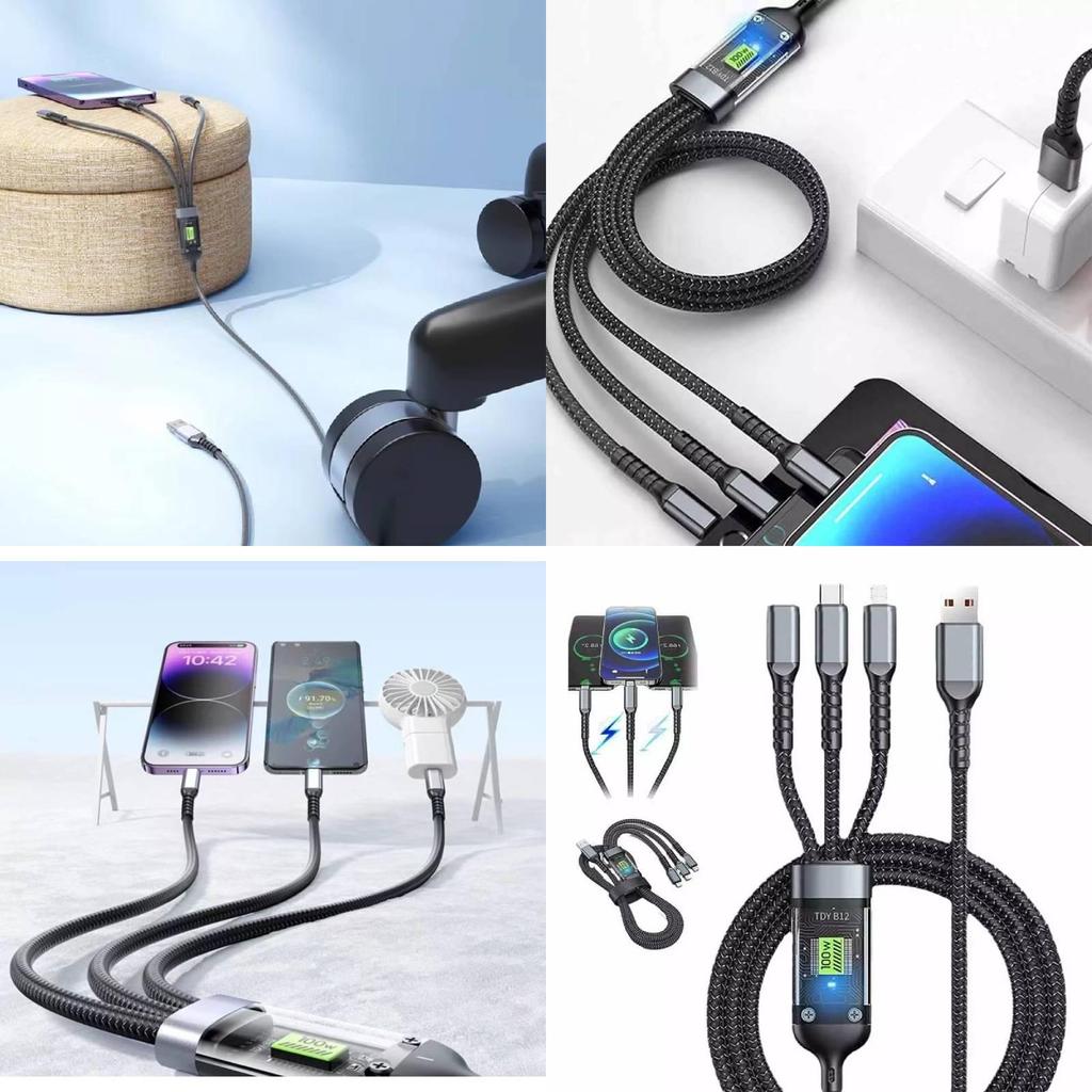 Transparent Fast Charging 3-in-1 Braided Cable With Led Indicator For Huawei Apple Android 100w