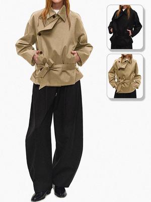 American Short Lapel Trench Coat: High-End Waist-Defining Double-Breasted Loose Long Sleeve Jacket for Women