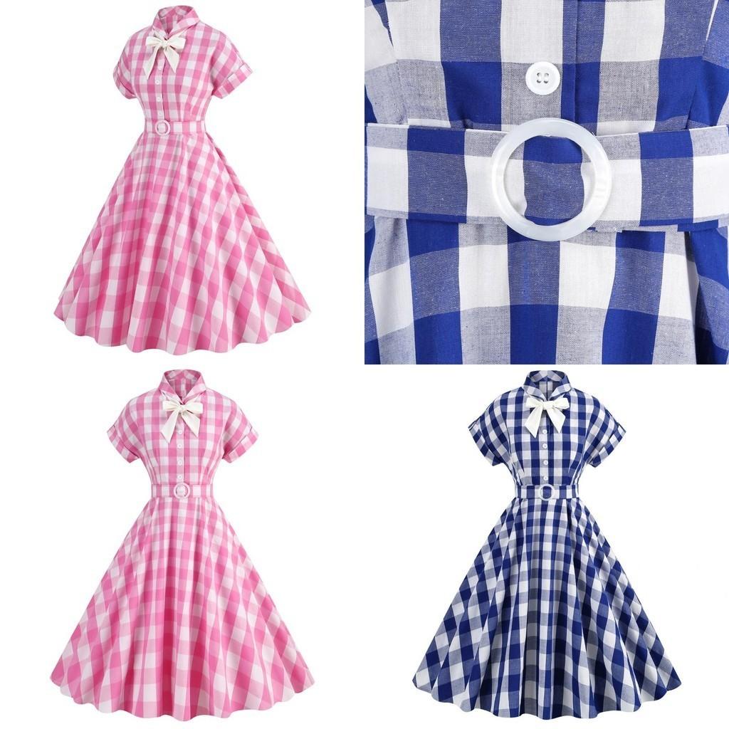 Classic Audrey Hepburn Style Pink Checkered Dress With Collar And Bow Tie