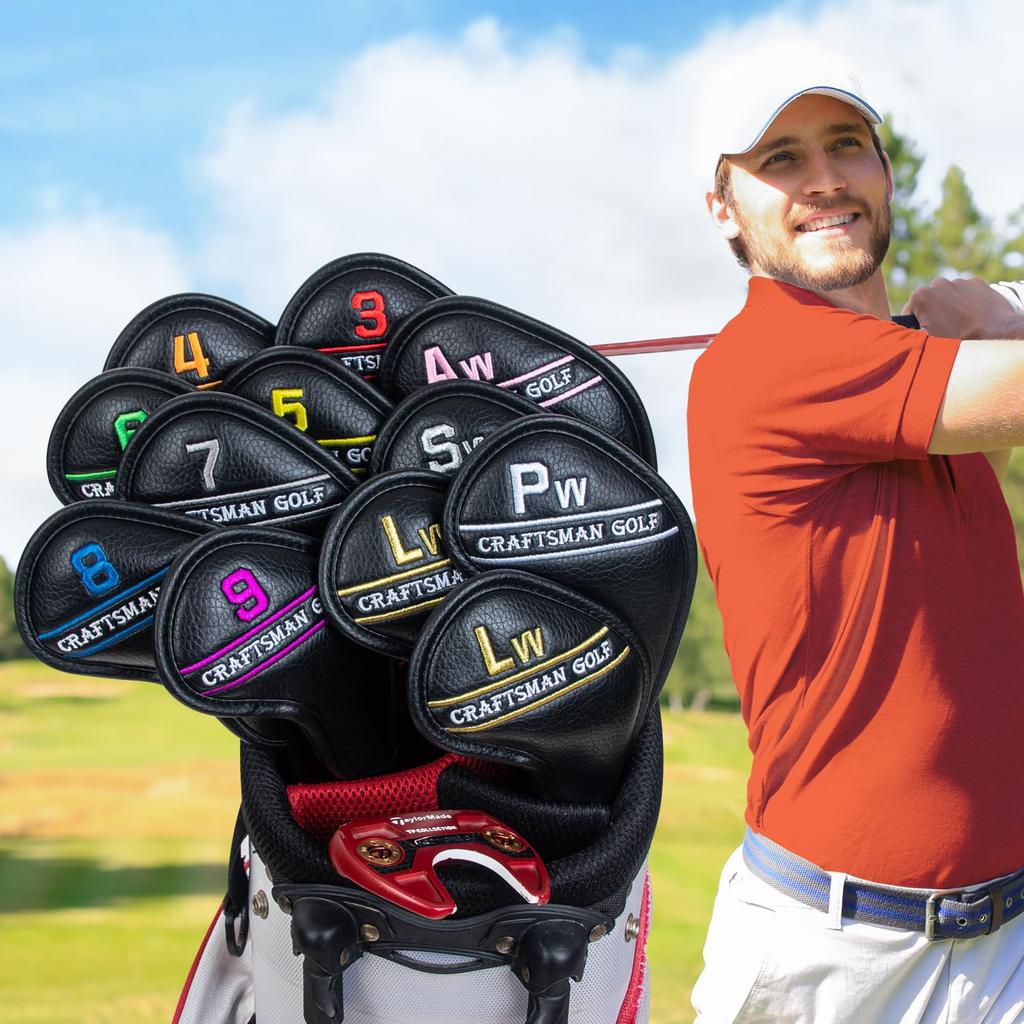 Golf Iron Covers Magnet Wedge Covers Club Head Covers Set Colorful Numbers 12pcs Black Synthetic Leather (3-9, Pw, Aw, Sw, Lw2)