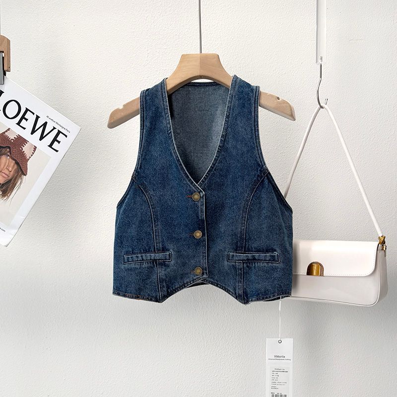 

2025 Spring and Summer New Women clothes Korean Style Loose Slimming Casual All-matching V-neck Denim Vest Short coat N4151 Cowboy Blue One size