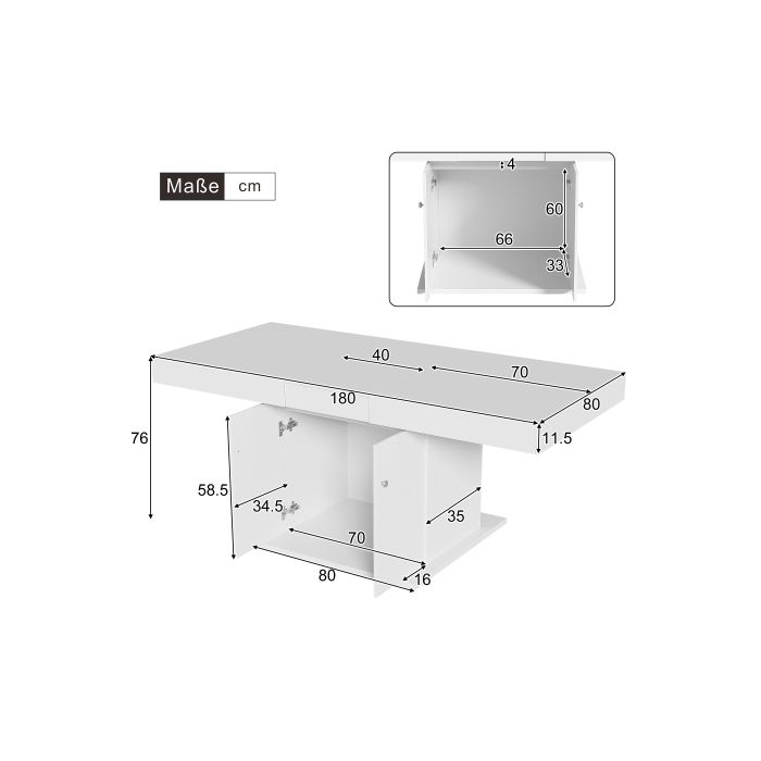 Ausziehbarer Esstisch, L140/180*B80*H76cm, Esstisch mit Stauraum, Couchtisch, Weiß