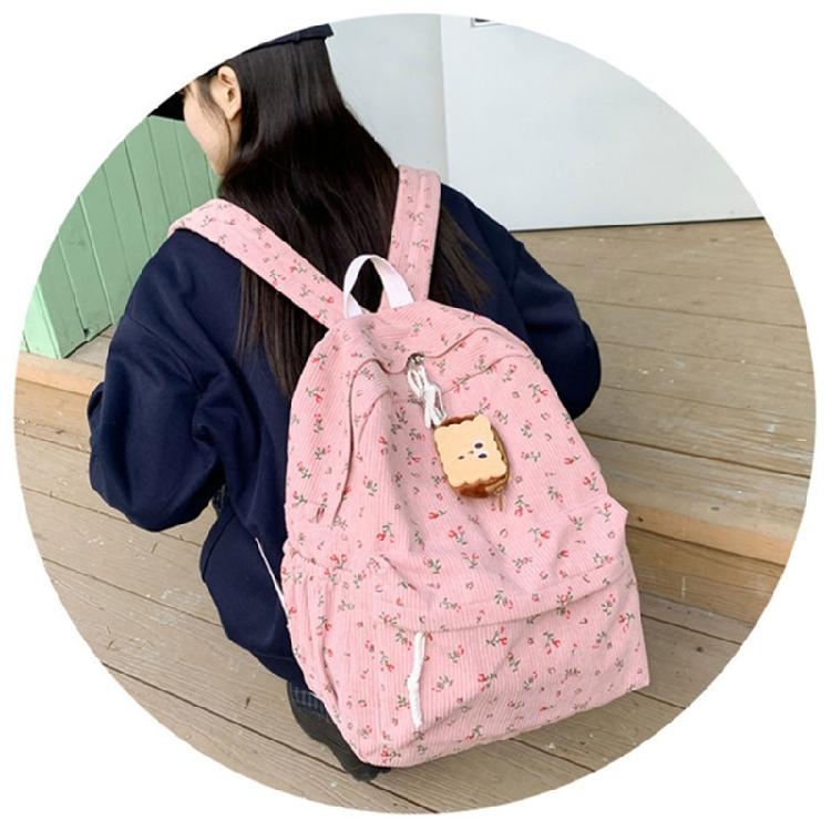 Travel Backpack for Teens and Girl Laptop Daypacks Flower Print Backpack Students School Bag Corduroy Rucksacks