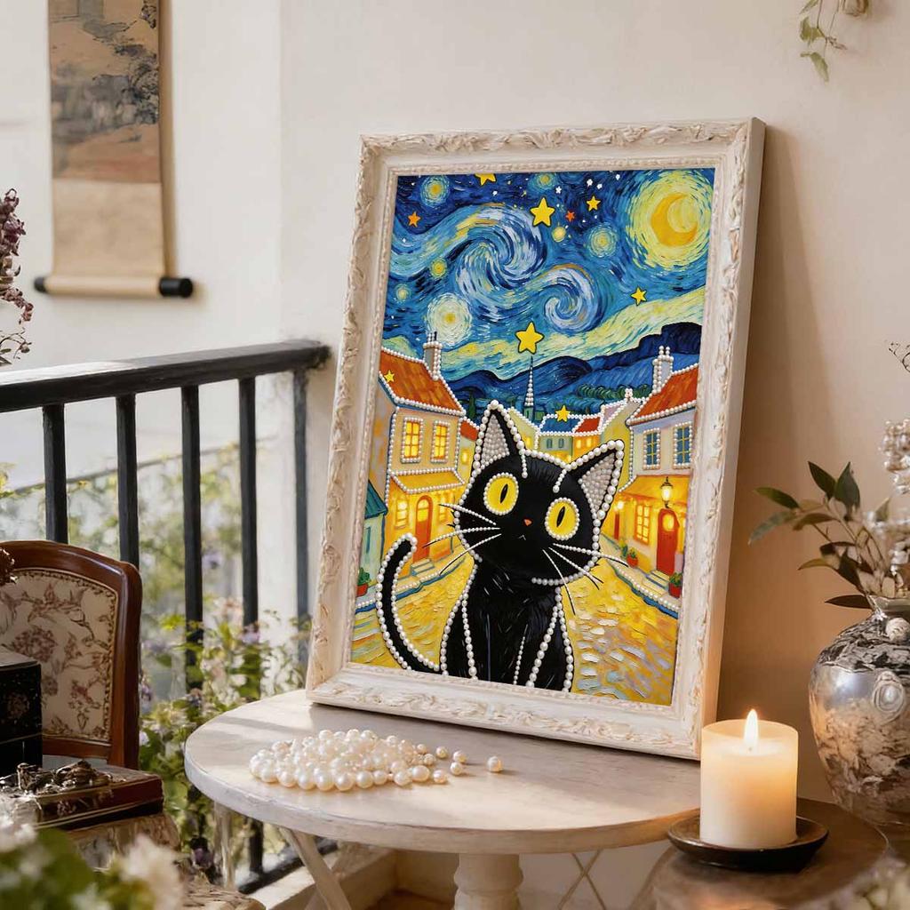 DIY Starry Night Cat Pearl Art Painting for Adults/Beginners Gift Home Decor Pearl Gem Paintings Picture Arts Craft 30x40cm Without Frame
