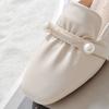 WTEMPO Women's Spring and Summer Square Toe Slippers Thick Low Heel Wrapped Toe Pearl Beige Rhinestone Pleated Soft Sole Soft Leather Slip-on Sandals