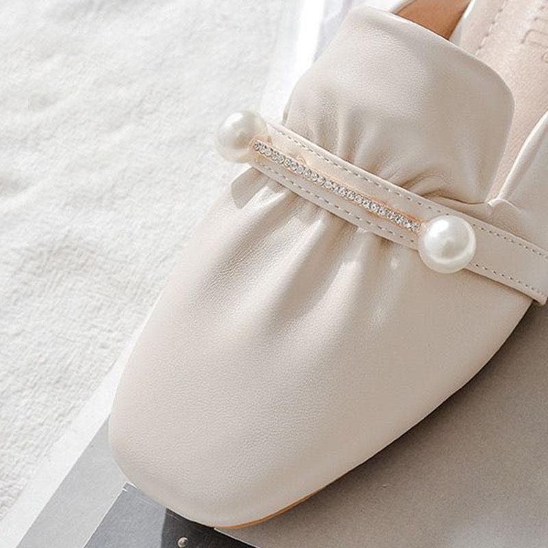 WTEMPO Women's Spring and Summer Square Toe Slippers Thick Low Heel Wrapped Toe Pearl Beige Rhinestone Pleated Soft Sole Soft Leather Slip-on Sandals