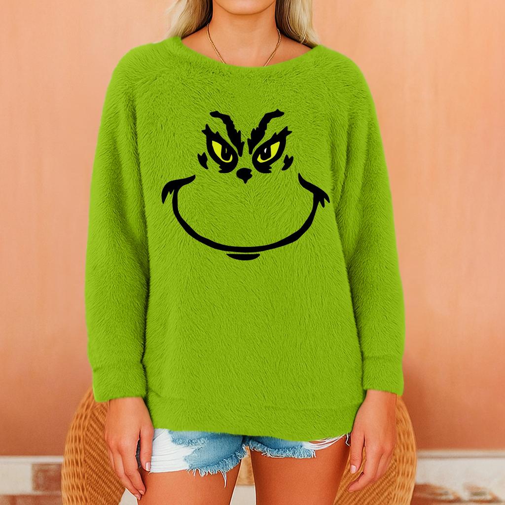 Damen Modischer Rundhals Langarm Weihnachts-Print Lockerer Plüsch Warmer Pullover