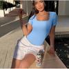 Women's Fashion Casual Solid Color Print Summer Spring Short Sleeve Square Collar Bodysuits