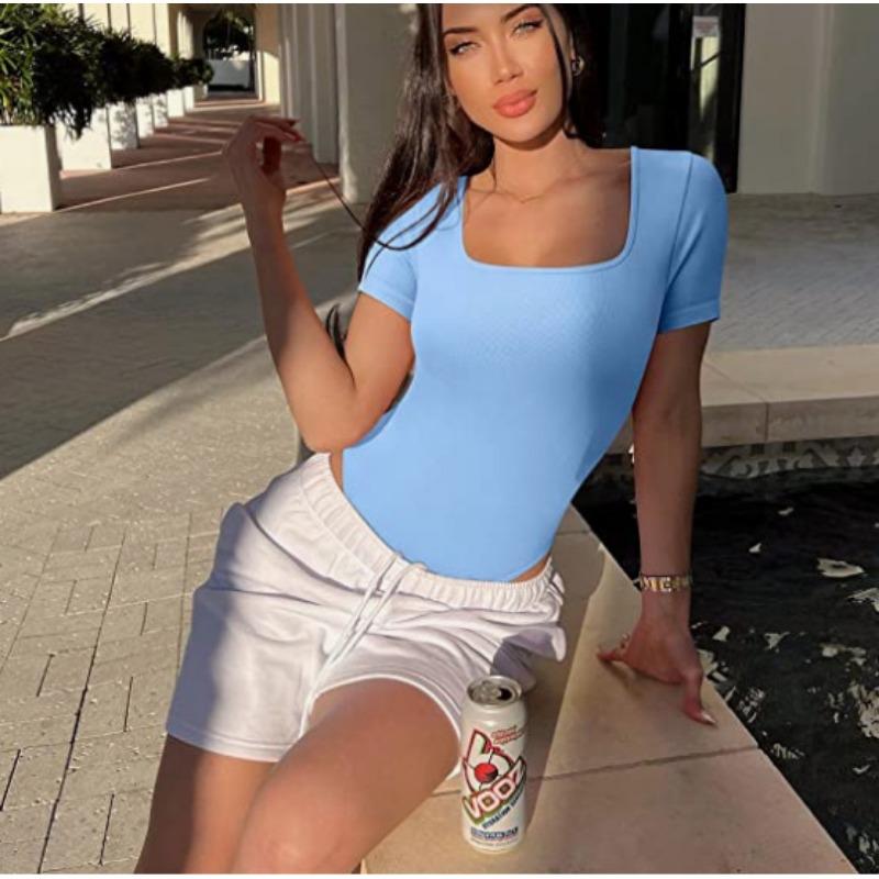 Women's Fashion Casual Solid Color Print Summer Spring Short Sleeve Square Collar Bodysuits