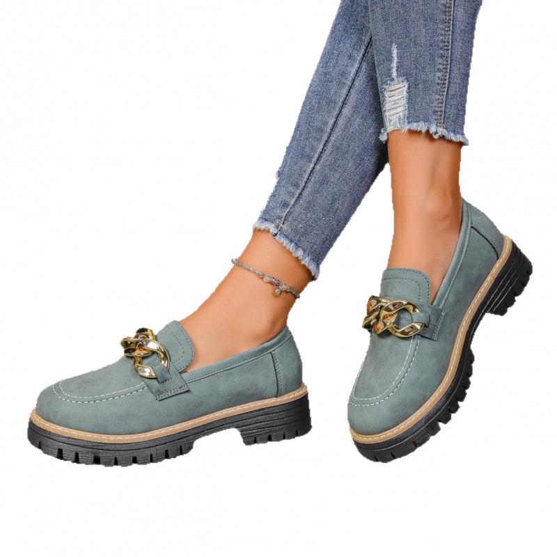 Large size women's autumn new metal chain decorative British style single shoes women