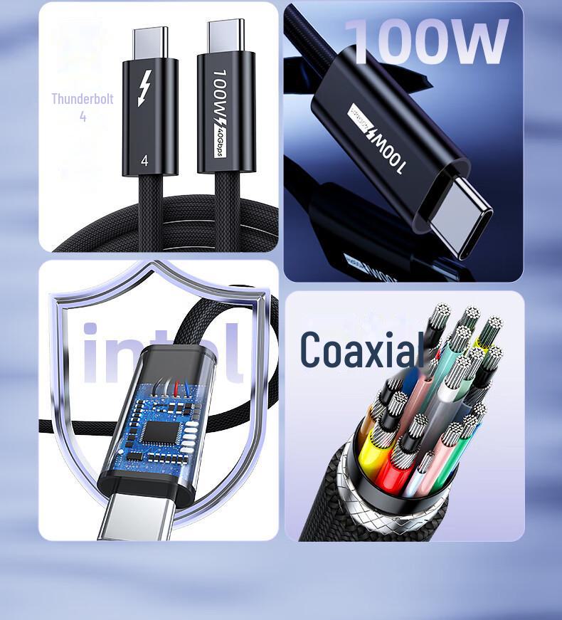 Biaz Coaxial Silver-Plated Thunderbolt 4 Type-C Male-to-Male PD100W Fast Charging Cable for Monitors