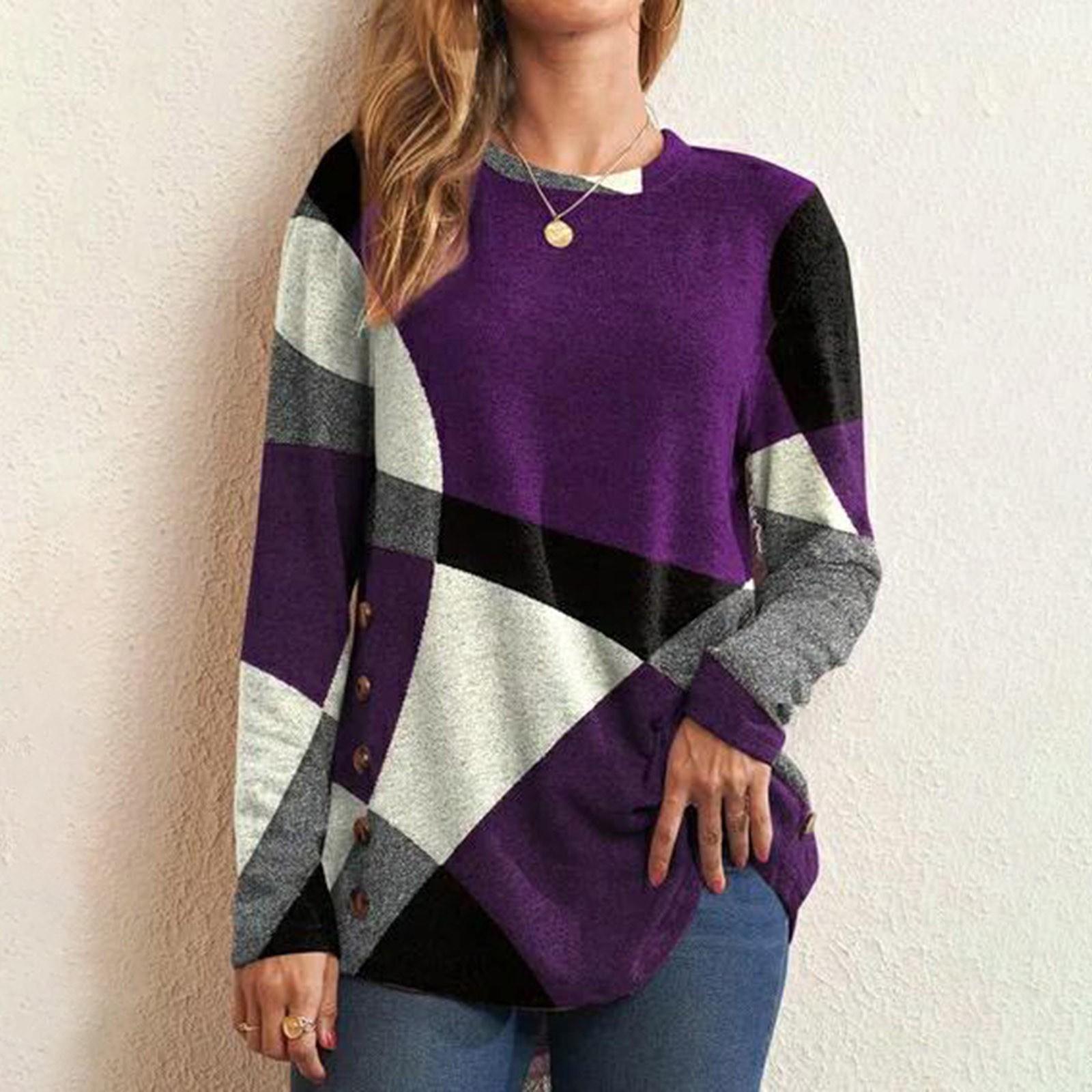 

Женская футболка на пуговицах с геометрическим принтом и цветными блоками в стиле пэчворк, длинный рукав, с принтом Верх XXXXXL фиолетовый