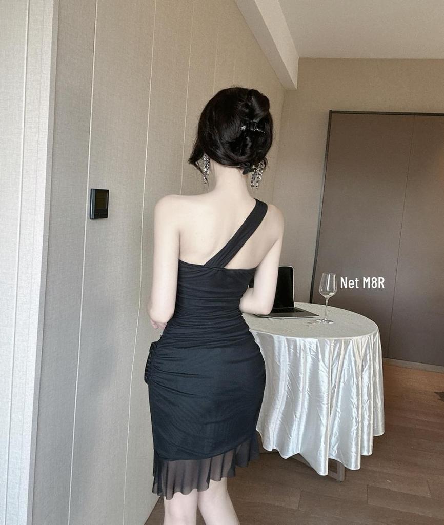 Sexy One-Shoulder Mesh Ruffled Slip Dress
