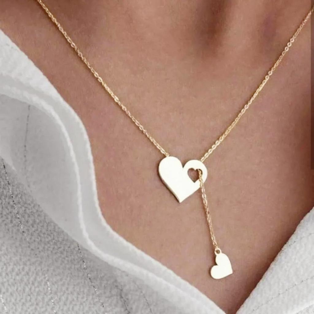 Double Heart Lariat Necklace Silver Tone Cutout Heart Pendant Y Shaped Chain for Women