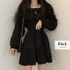 DAYCLOSET Mini Long Above the Puff tops1678 Dress, Sleeves, Knee, A-Line, Tiered, Flared, Sleeves, Mid-Weight, Spring/Autumn, (M, Black)