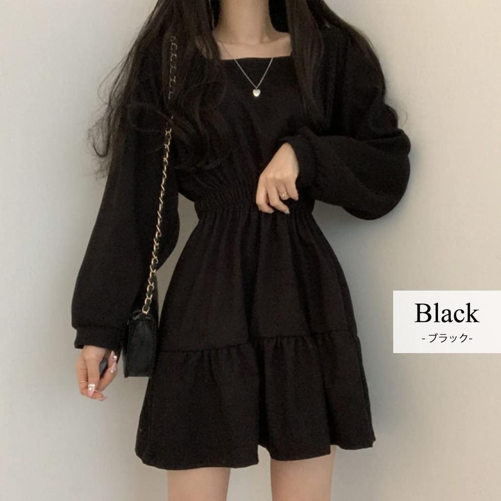 DAYCLOSET Mini Long Above the Puff tops1678 Dress, Sleeves, Knee, A-Line, Tiered, Flared, Sleeves, Mid-Weight, Spring/Autumn, (M, Black)