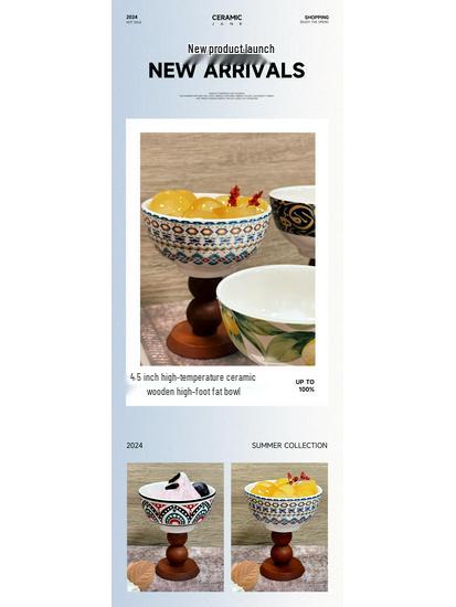 Bohemian French Retro Ceramic Dessert Bowl with Wooden Stem.