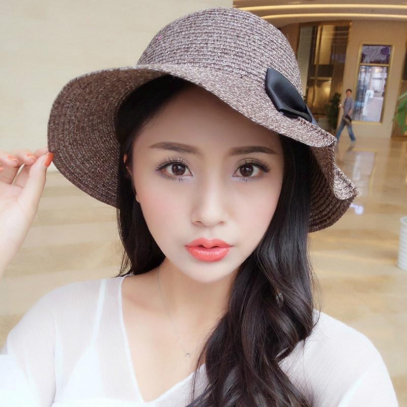 Women Summer Folding Wide Large Brim Shape Beach Sunscreen Cap Cute Big Bow Solid Straw Outdoor Hats Sun Hat