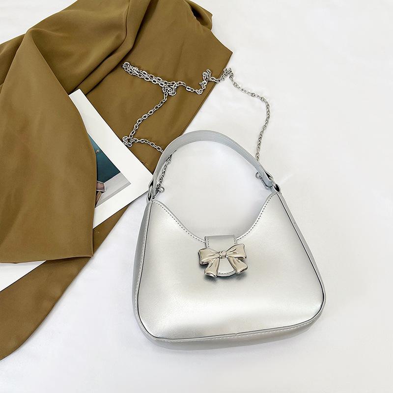 Sweet Solid Color Bow Handbag Women's 2025 New Trendy Fashion Niche Underarm Bag Chain Messenger Bag