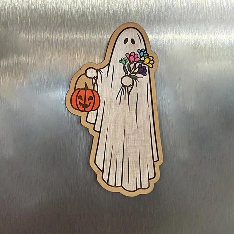 Set Of 7 Vintage Cartoon Wood Ghostly Refrigerator Magnets Halloween Kitchen Accessories for Festivals Party Ornaments