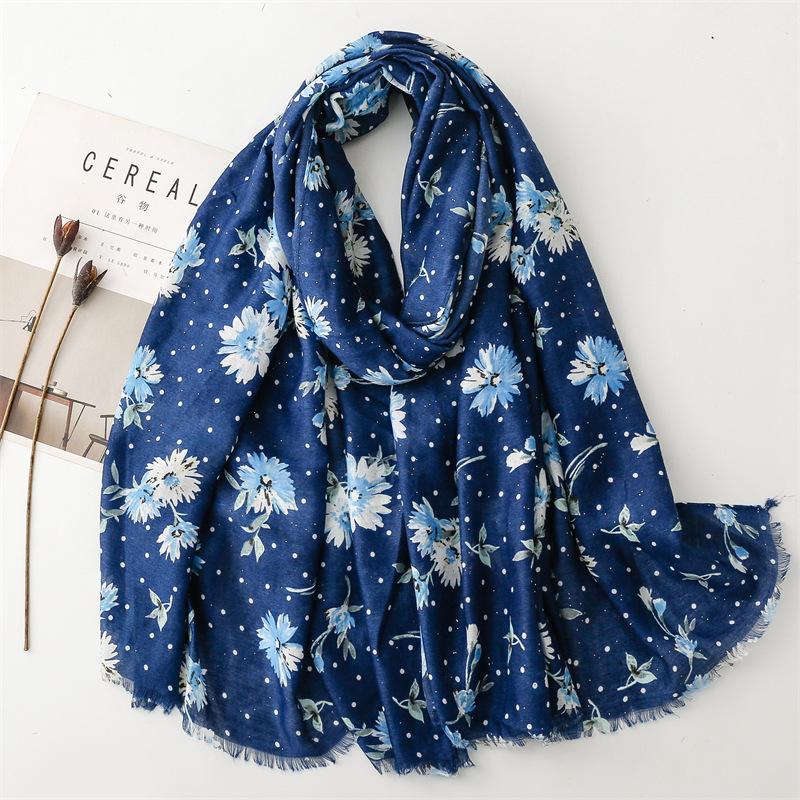 Autumn And Winter Cotton And Hemp Texture Scarf With Gold Plated Dots, Small Flower Haired Scarf, Warm Shawl For Women