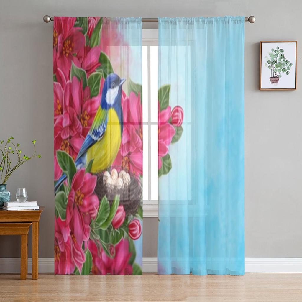 Yellow Bird Sakura Branch Sheer Curtains For Living Room Window Transparent Voile Tulle Curtain Bedroom Drapes Home Decor